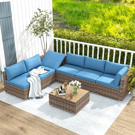 Homrest 7 Piece Outdoor Furniture Sets, Wicker Rattan Patio Conversation Set, Steel Frame, Blue
