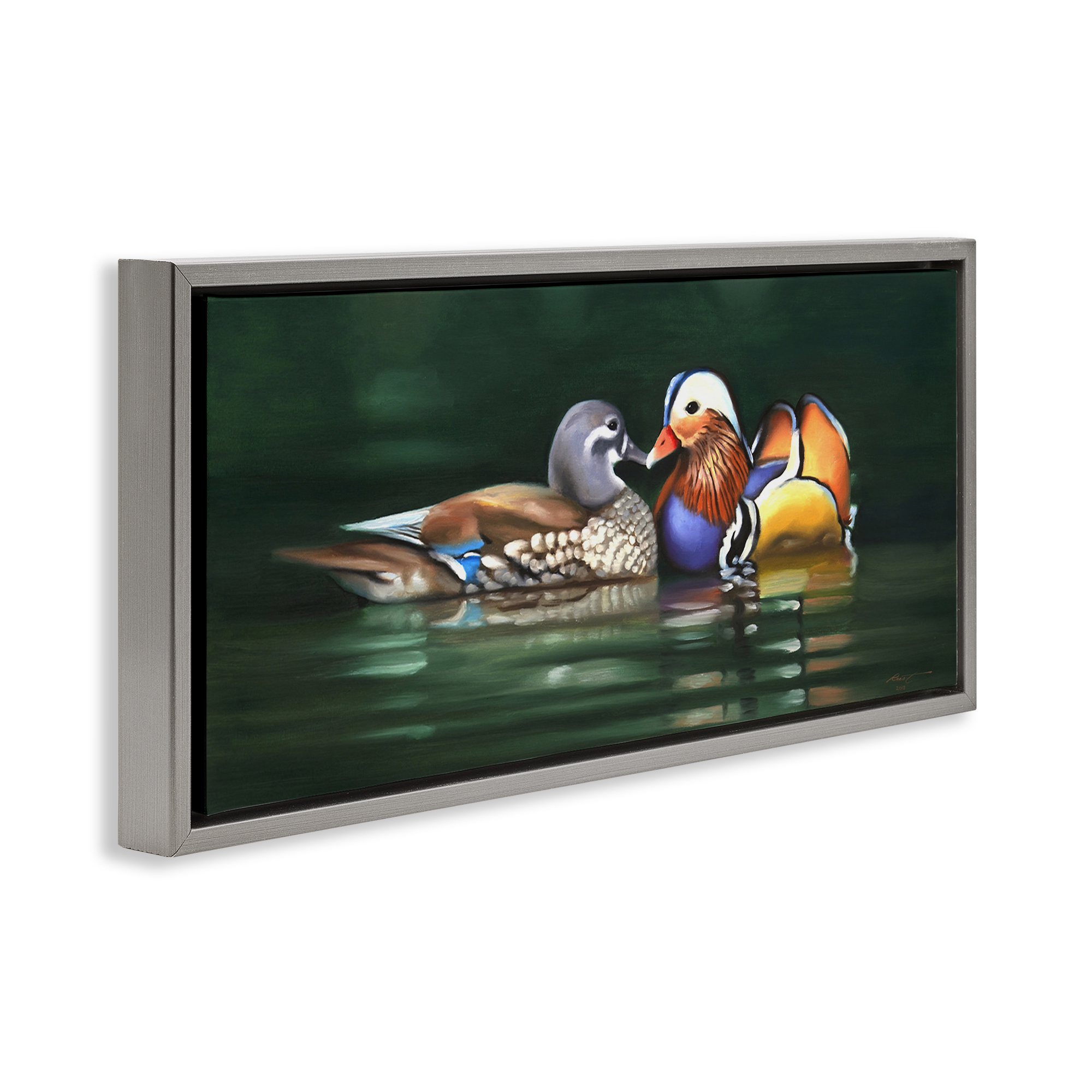 Stupell Industries Patterned Birds in Lake Animals & Insects Painting Gray Floater Framed Canvas Art Print Wall Art, 31 x 14