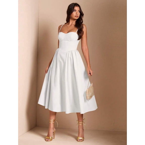 Elegant White Spaghetti Strap Fit & Flare Midi Dress For Party, Evening, Or Sophisticated Daywear