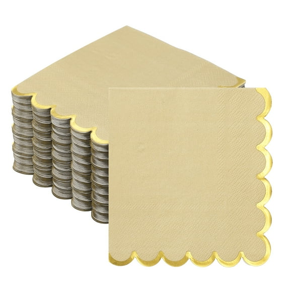 Uxcell 200 Pcs Scalloped Cocktail Napkins with Gold Foil Edges, 5 x 5 Inch Disposable Scalloped Paper Napkins for Wedding Engagement Anniversary Party Tableware Decorations, Light Brown
