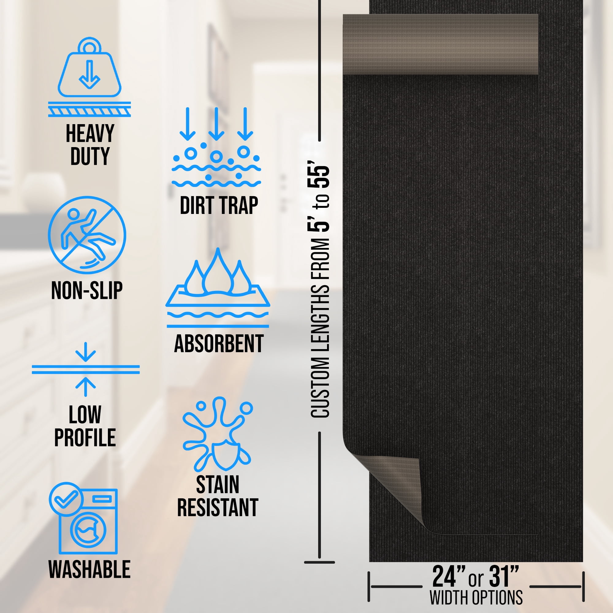 24 in. Wide x Cut-to-Length – Non-Slip, All-Weather, Heavy-Duty Utility Runner Rug – Absorbent, Dirt-Trapping, Kid and Pet Safe for Entryways and High-Traffic Areas, Gray