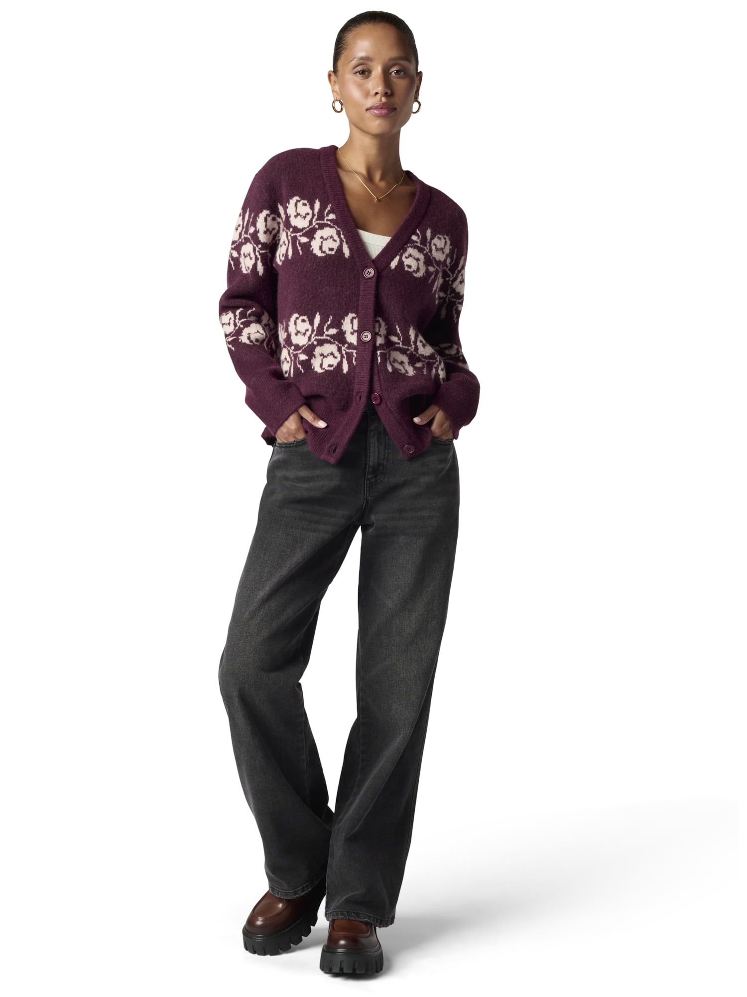 Mills by Millie Bobby Brown Women's Floral Jaquard Sweater Cardigan, Sizes XXS- XXL