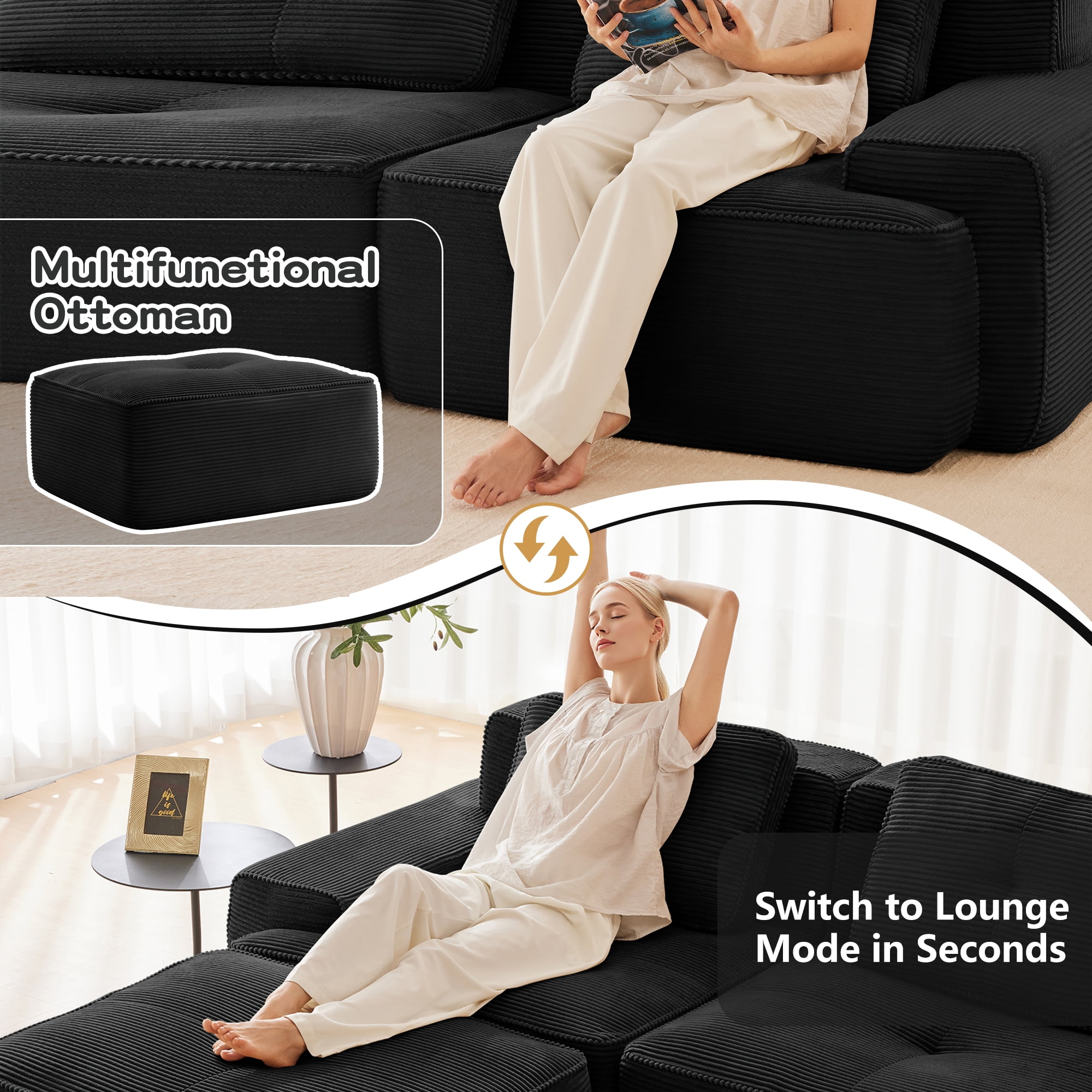Yoneston 117" Modular Sectional Sofa 3 Seater Couch with Cushions, No Assembly Corduroy Sofa with Deep Seating for Living Room Bedroom Apartment, Black