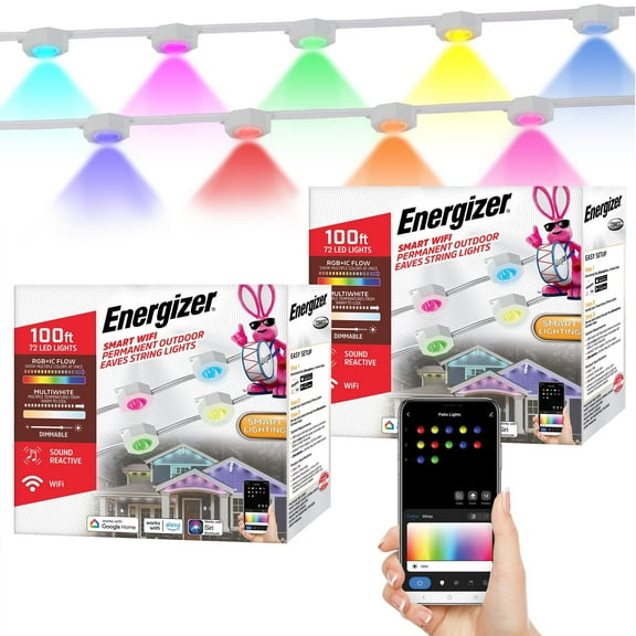 Energizer Smart WiFi Outdoor Permanent Lights RGB IC, 200 ft Color-Changing LED String Light Kit, App Voice Control, Weatherproof, Music Sync