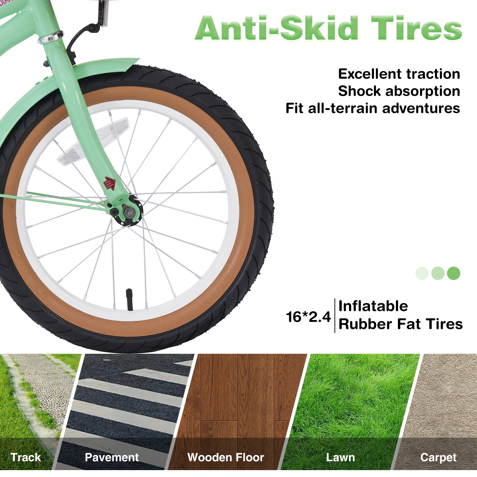 Aukfa 16" Kids' Bike, Girls Bike for 4-7 Years,Anti-Skid Tires, Training Wheels,Mint Green