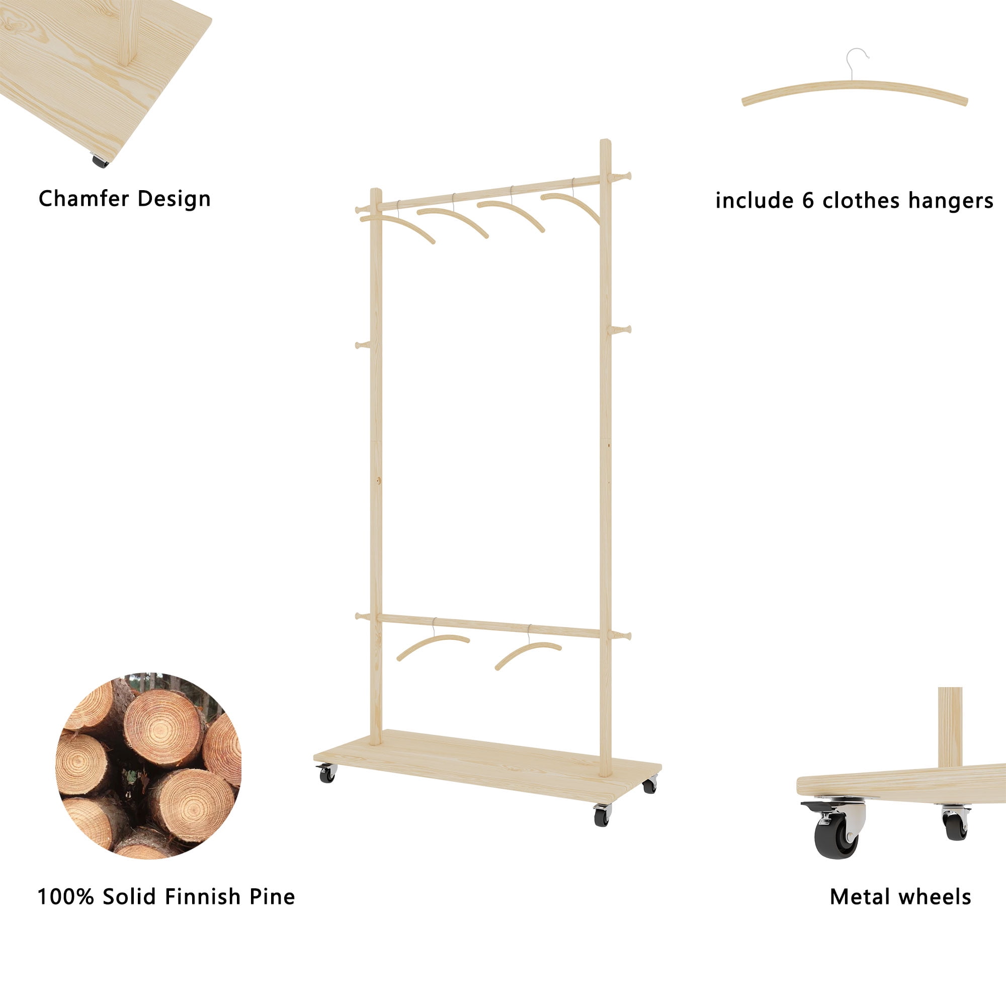 Leumius Solid Wood Clothes Drying Rack Laundry Coat Hanger with Adjustable Shelf & Wheels,Space-Saving Drying Hanger for Bedroom,Laundry,Old Pine