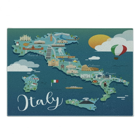 Italy Cutting Board, Map with Touristic Attractions and Cursive Calligraphy, Decorative Tempered Glass Cutting and Serving Board, in 3 Sizes, by Ambesonne