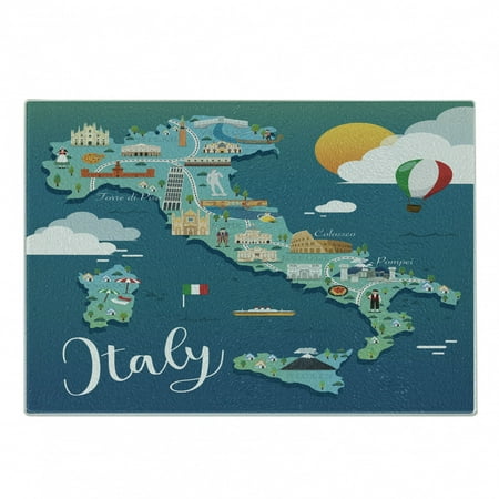 

Italy Cutting Board Map with Touristic Attractions and Cursive Calligraphy Decorative Tempered Glass Cutting and Serving Board in 3 Sizes by Ambesonne