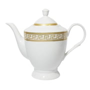 Euro Porcelain 97-piece Dish and Flatware Dinner Set - Greek Key Medusa Pattern 24 kt Gold Ornament, HQ Dining Service for 8