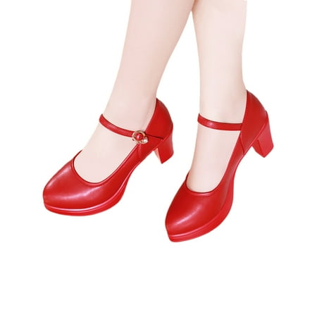 

SIMANLAN Ladies Dress Shoe Ankle Strap Pumps Buckle High Heels Women Lightweight Pump Shoes Girls Chunky Mary Jane Red 5.5CM 6