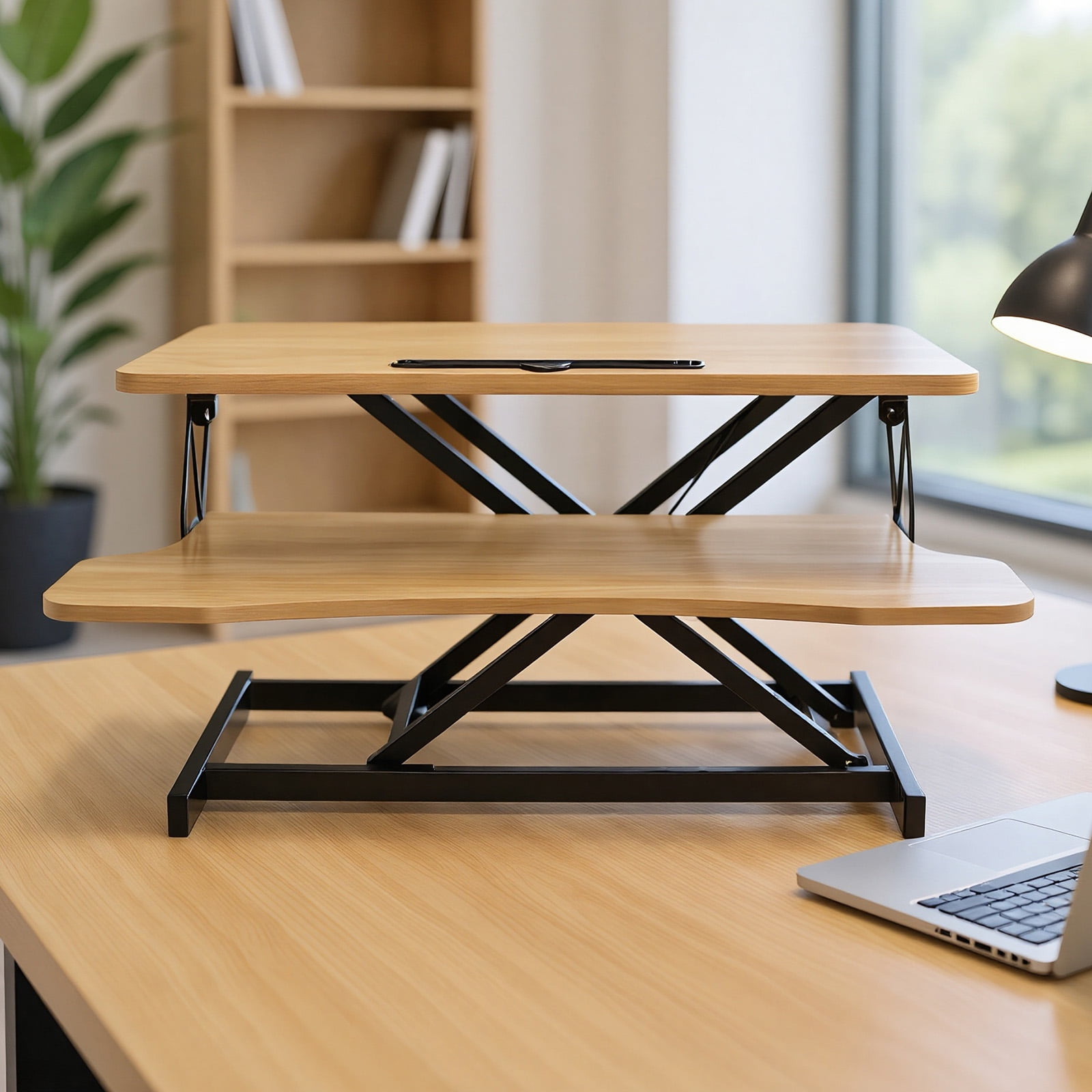 Standing Desk Converter, 32 Inch Standing Desk Adjustable Height for Table Tops and Home Office, Desk Riser Computer Workstation with Wide Keyboard Tray 2-Tier Desktop, Natural Wood