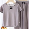 thumbnail image 3 of Kid Girls Ribbed Knit Summer Outfits Short Sleeve Lettuce Trim Crew Neck Casual Basic Tees Shirts with Wide Leg Pants Gray, 3 of 4