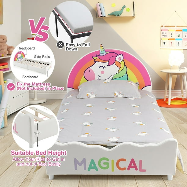 Costway Kids Upholstered Platform Bed Children Twin Size Wooden Bed Unicorn  Pattern 