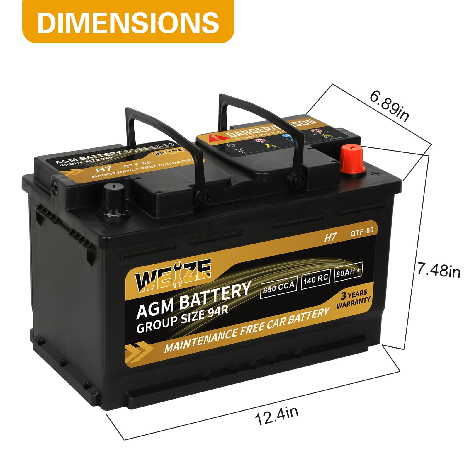 Weize Platinum AGM Automotive Battery,  Group 94R H7 Battery- 12v 80ah 140RC 850CCA, 36 Months Warranty