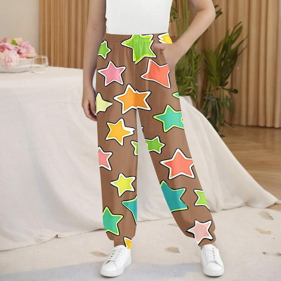 dazeni Girls Floral Boho Sweatpants Cute Graphic Elastic Waisted Jogger Pants Kids Trendy Loose Casual Full Length Trousers with Pockets Brown