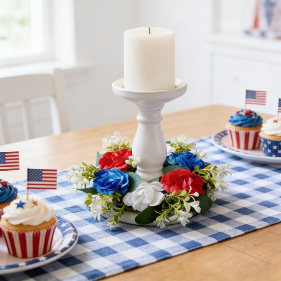 Dongrere 4th of July Candle Ring Red White and Blue Mini Wreath Independence Day Artificial Ring Patriotic Table Decor, 9 Inch