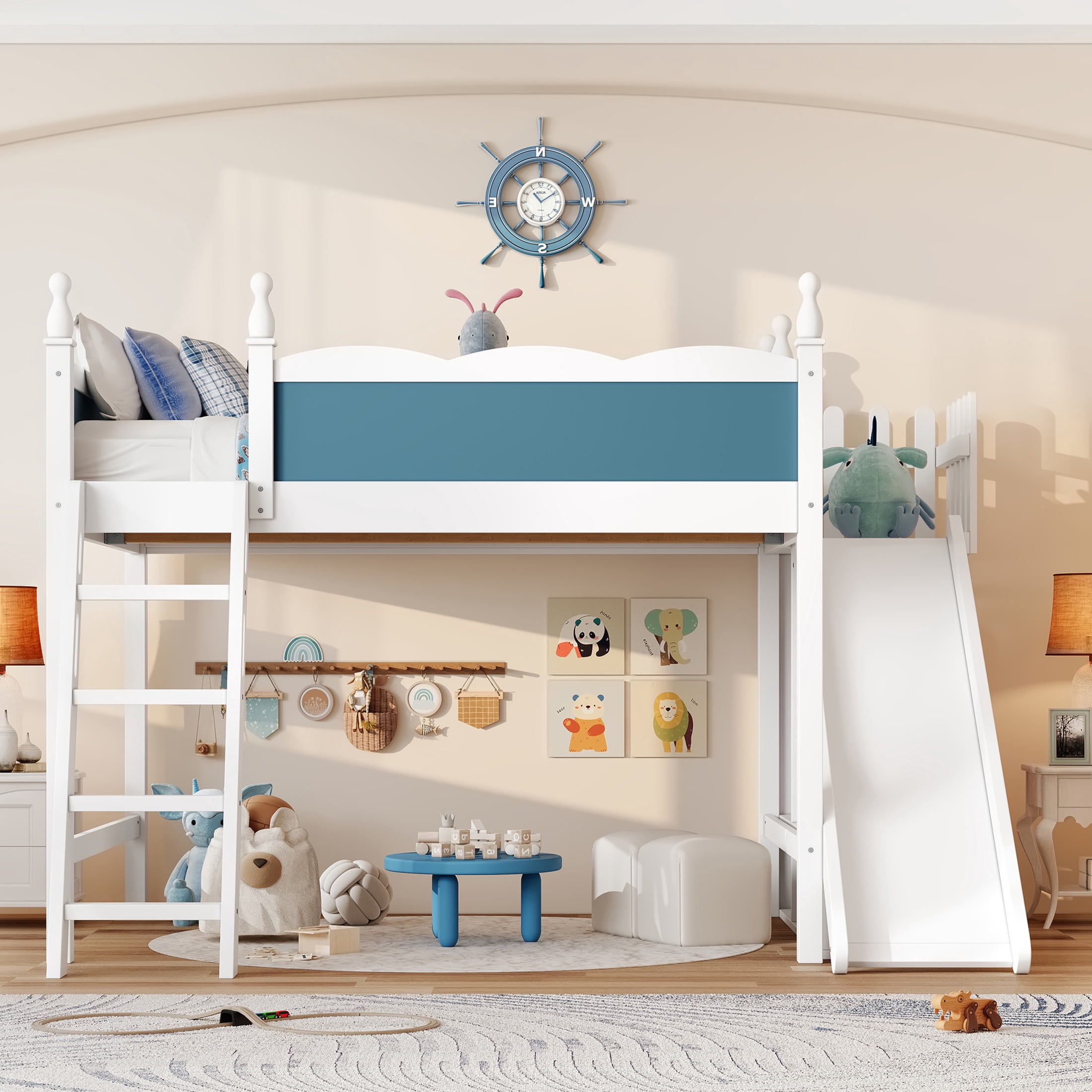 Noble House Full Loft Bed with Storage Shelves, Detachable Slide and Ladder, White + Blue