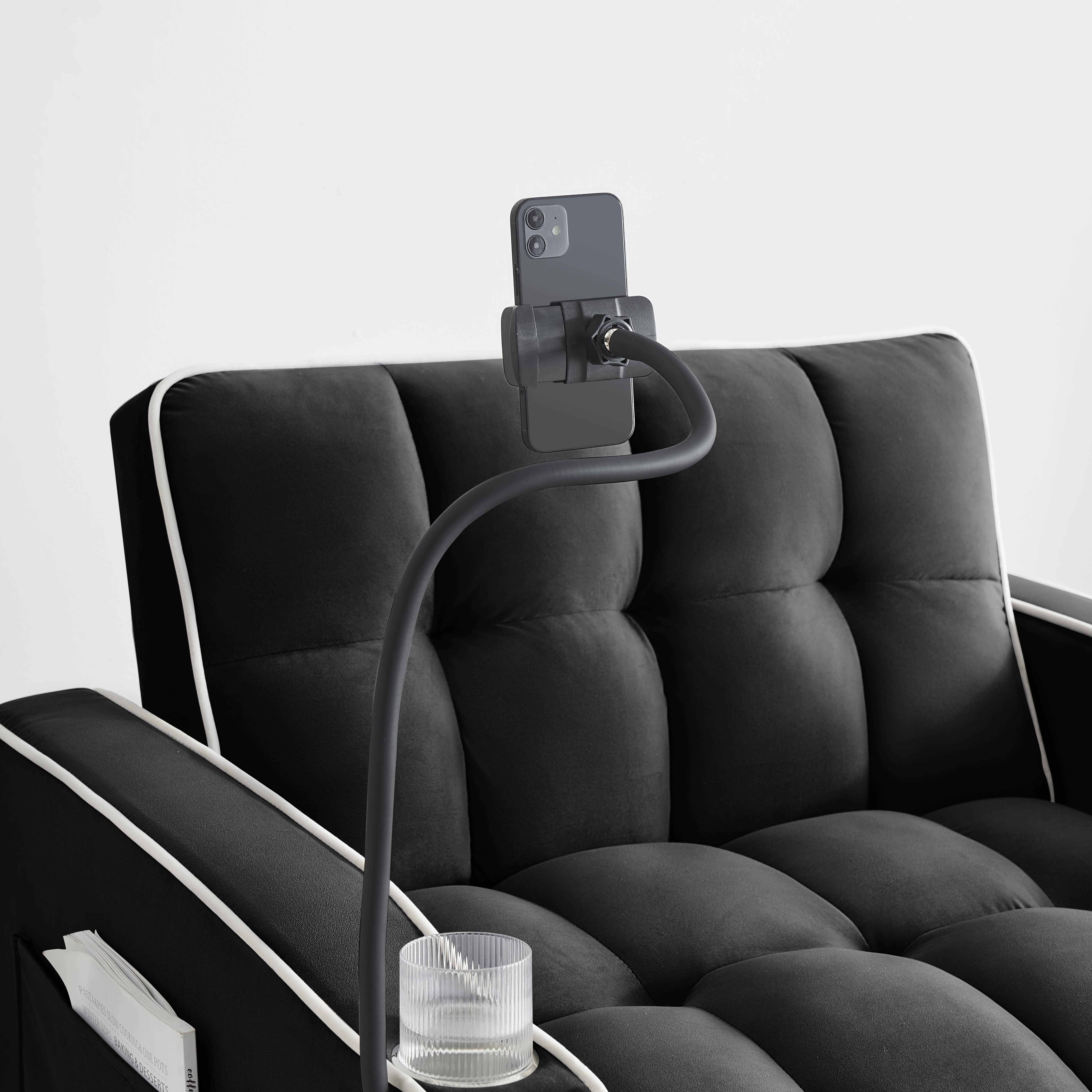 MAYEERTY Black Velvet Foldable Single Sofa Bed, Adjustable Back Pull-Out Couch with USB Port, Ashtray & Swivel Phone Stand Eucalyptus Wood Frame