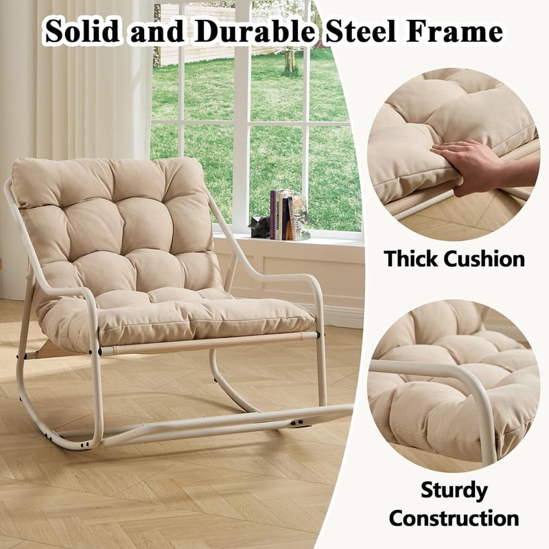 Outdoor Rocking Chair, Papasan Rocking Chair with Metal Frame, Comfy Rocker Lounge Chair for Living Room Porch Patio Garden
