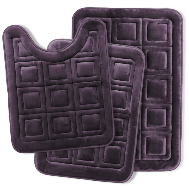 Clara Clark Bathroom Rugs, Velvet Memory Foam Bath Mat, Ultra Soft Non Slip and Absorbent - Waffled - Set Small, Large & Contour - Purple