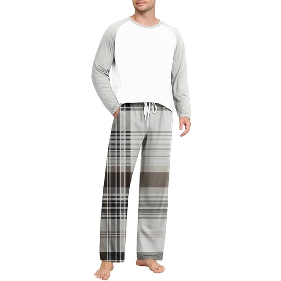 PNTUTB Men's Color-blocking Round Neck Pullover Long Sleeve Top and Irregular Check Pattern Pants Loose Casual Pajamas Set