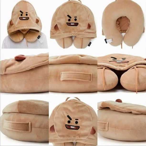 Kpop BTS bt21 almohada de cuello en forma de U con sombrero