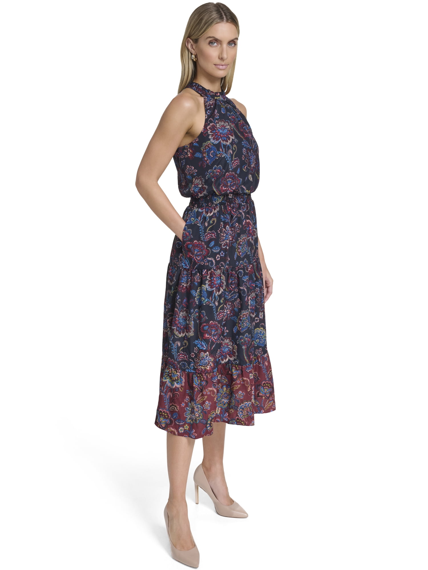 Falling Flowers Women's Ruffle Neck Midi Dress, Sizes XS-XL