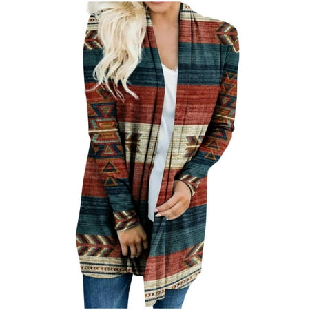 

Womens Cardigan Sweaters faux Leather Jacket Women Women s Ethnic Retro-print Autumn And Winter Loose Long-sleeved Cardigan Vintage Geometric Print Coat Long Cardigans for Women Brown 2XL