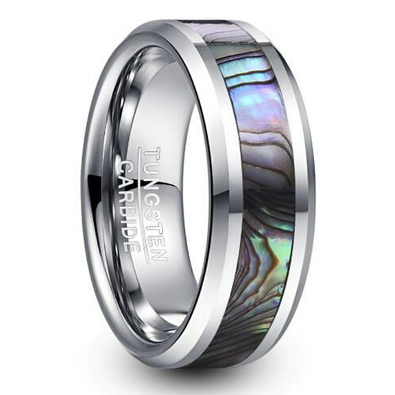 8mm Men's Tungsten Carbide Ring Abalone Shell Inlay Wedding Band Beveled Edge Size 7-12