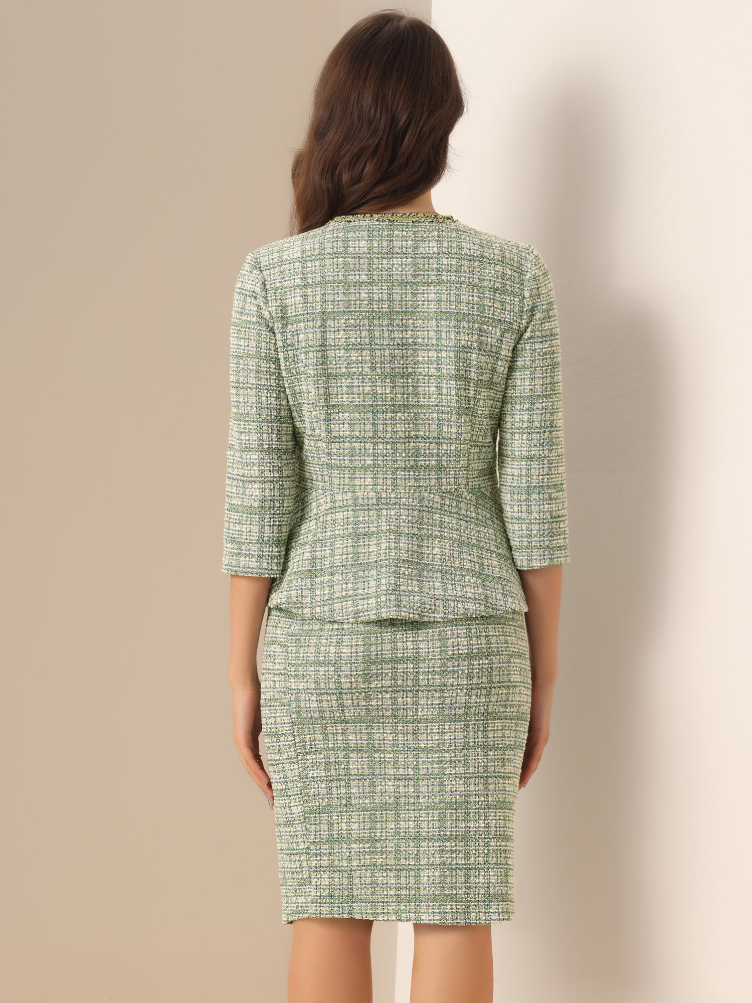 DARING DIVA 2Pcs Women's Suit Jacket Pencil Tweed Skirt Suit Set L Green