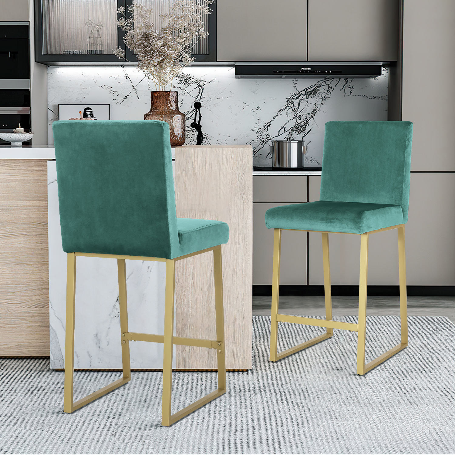 Kadyn 2pcs Upholstered Back Counter Height Barstool, Modern Dinner Chairs with Iron Chair Leg, Kitchen Pub Chair for Dining Room, Turquoise Kadyn 2pcs Upholstered Back Counter Height Barstool, Modern Dinner Chairs with Iron Chair Leg, Kitchen Pub Chair for Dining Room, Turquoise