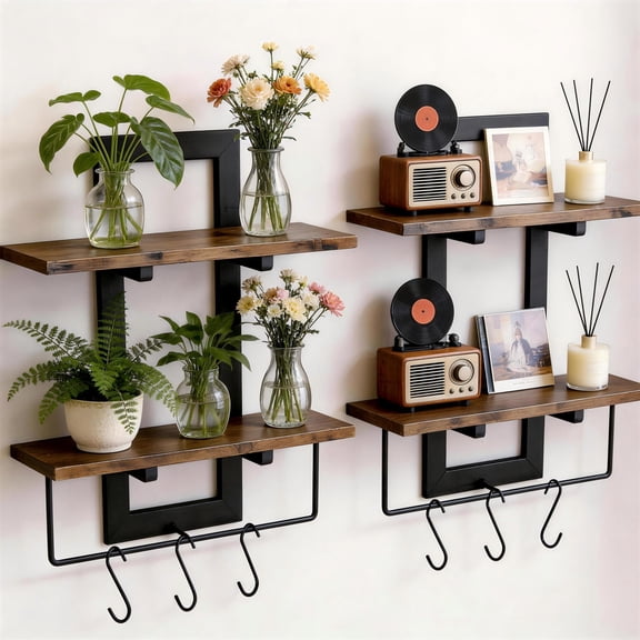 2 Pack 2 Tier Floating Wall Shelves, Rustic Wood Wall Mount Storage Organizer, Decorative Wall Display Rack for Bedroom Living Room Bathroom