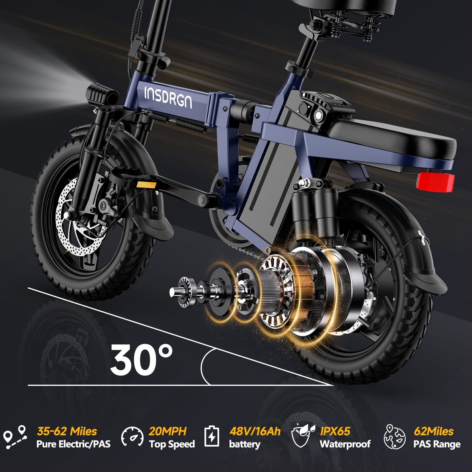 INSDRGN Folding Electric Bike for Adults Teens, 1500W Peak Motor, 16AH 48V Battery 14" Electric Bicycles, 35 Miles Range, Mini Ebike for City Commuter, UL2849, Blue