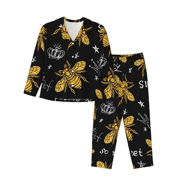 Balery Hohey Bee Golden Embroidery Conjunto de Pijama con Estampado para Mujer, Conjunto de Dos Piezas con Manga Larga, Ropa de Dormir Suave con Bolsillos, Pijamas Cómodos-Large