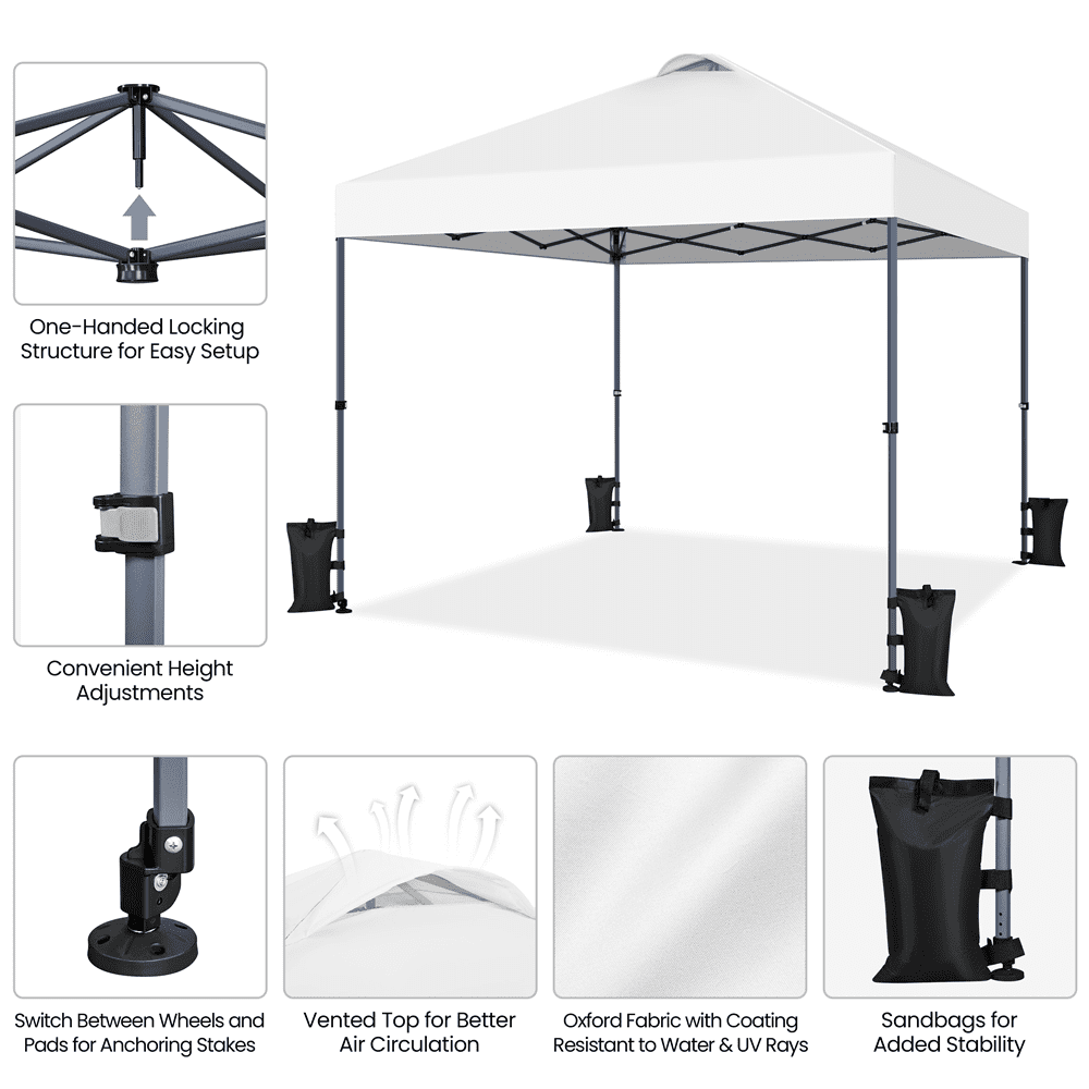Renwick 10x10 Ft Instant Pop Up Canopy with One Push To Lock Setup Mechanism, White