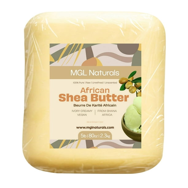 MGL Naturals Manteca de karité africana cruda Marfil 5 lb a granel pura cruda y sin refinar. Nutre e hidrata. Úselo solo o con recetas caseras. De Ghana África. (5 libras)