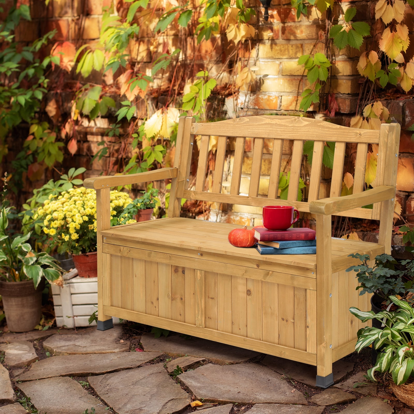 Outdoor Wooden Storage Bench, Large Deck Box with Seating & Armrest, Patio Organizer Loveseat for Garden Porch Deck Backyard Poolside
