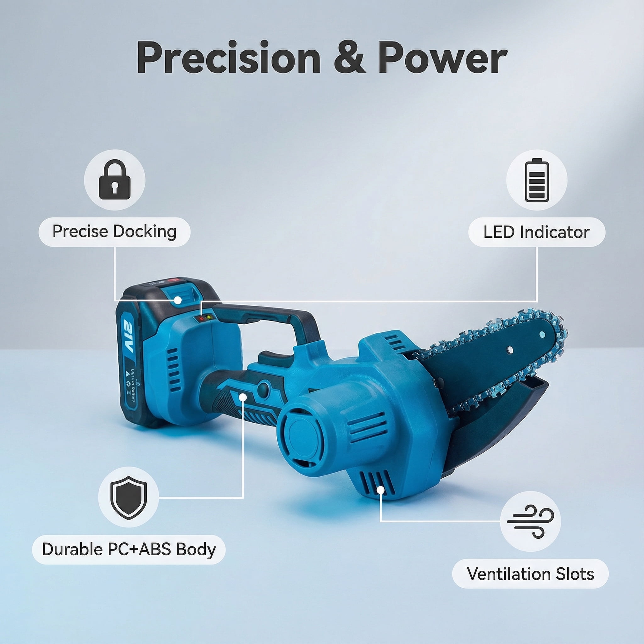 Mini Chainsaw, HSIAOLIN 6 Inch Cordless Portable Electric Chain Saw, Automatic Chain Oiler, One-Hand Handheld Lightweight, 2 Batteries& 2 Chains, Adjustable chain, Safety Lock, Blue