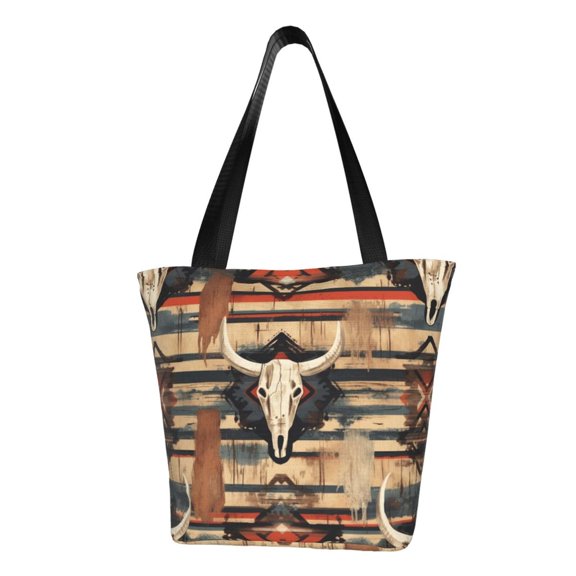 TEQUAN Reusable Shoulder Tote Bags, Colorful Ethnic Cow Skulls Prints Polyester Casual Shopping Grocery Bag for Women