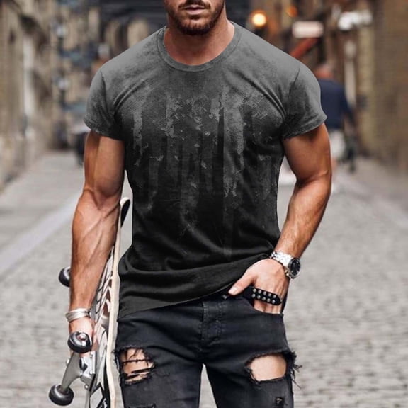Fnnxeal Mens Muscle Fit T-Shirt Streetwear Graphic Tee Dark Gray Gradient Drip Print Casual Short Sleeve Stretch Fabric Crewneck M-5XL,Size 3XL