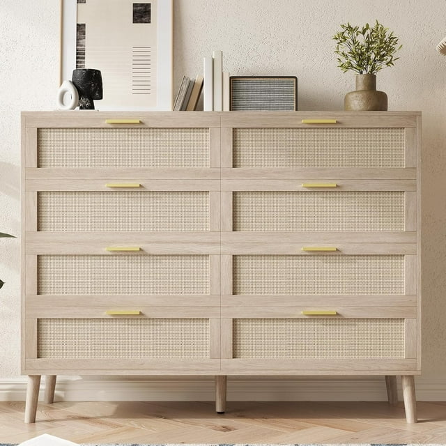 Commode en Rotin à 8 Tiroirs, 47,2 Pouces x 15,7 Pouces x 37,01 Pouces Commode en Rotin, Commode Milieu du Siècle Moderne pour Garde-Robe avec Poignées, Grand Dessus de Table, Commodes Chambre, Salon, Couloir (8 Tiroirs)