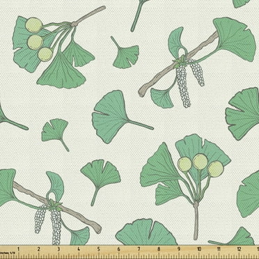 Gingko Fabric by the Yard, Branches with Berries and Leaves Botanical Eco Shabby Environmental Graphic, Decorative Upholstery Fabric for Chairs & Home Accents, 5 Yards, Sea Green Cream by Ambesonne
