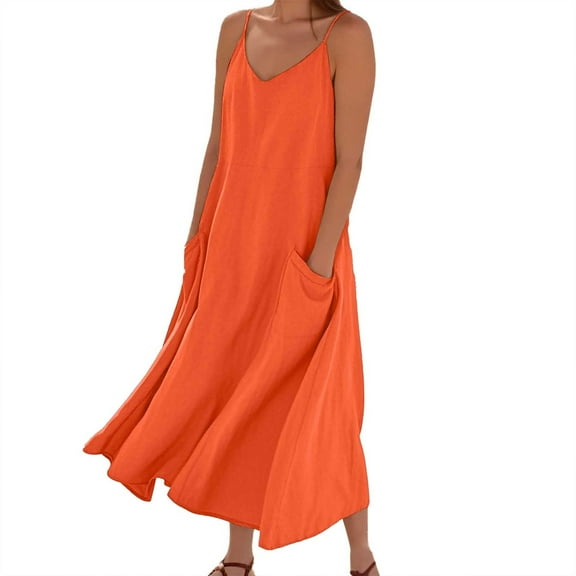 XUELUO Summer Dresses For Women Solid Color Spaghetti Strap V Neck Loose Casual Maxi Dress Cocktail,Orange,L