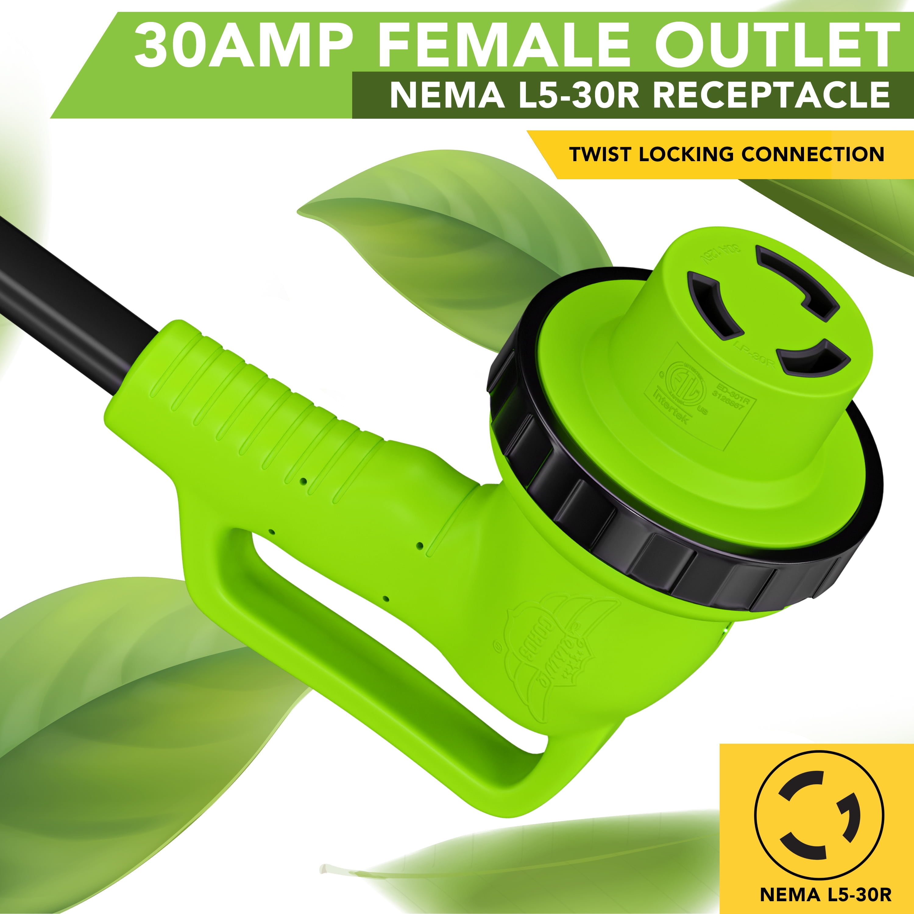 Leisure Cords 90 Degree 50FT Power Extension Cord with 30 AMP Male Standard / 30 AMP Female 90 Degree Locking Adapter (30 Amp - 50 Foot)