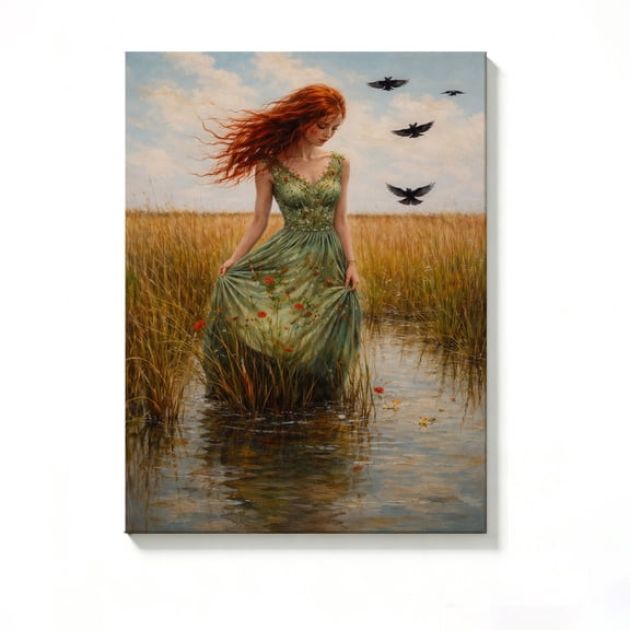 FLASHLUMI 8x12 Inch Vintage Red-Haired Woman in Marsh with Crows Oil Painting Canvas Wall Art, Mystical Nature Fantasy Home Decor for Living Room Bedroom, No Frame