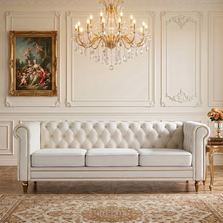 Contemporary 89 Inch Velvet Chesterfield Sofa, Luxury Upholstered Living Room Couch With Embroidery Accents, Stainless Steel Details And Pocket Spring Cushions Beige