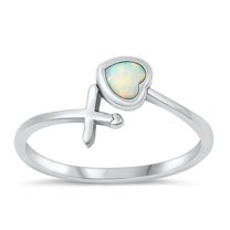 CHOOSE YOUR COLOR White Simulated Opal Ring .925 Sterling Silver Heart & Cross Band CZ Female Size 9