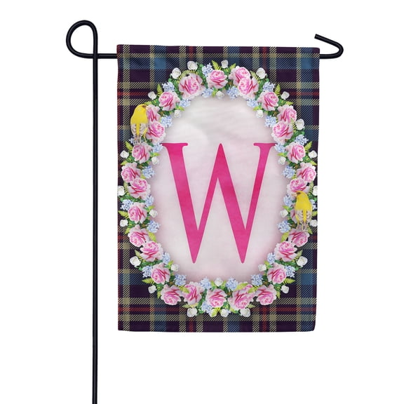 America Forever Spring Monogram Garden Flag Letter W 12.5 x 18 inches Double Sided Vertical Outdoor, Yard, Lawn, Seasonal Decorative Yellow Flowers, Pink Rose, Floral Wreath Garden Flag