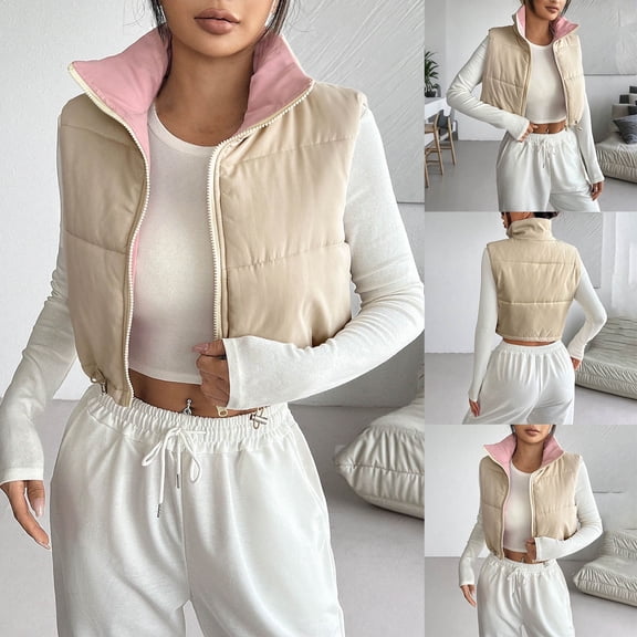 Dazajoo Cropped Puffer Vest Women Zip Up Stand Collar Puffy Jackets Winter Casual Sleeveless Padded Vests,Beige,XL