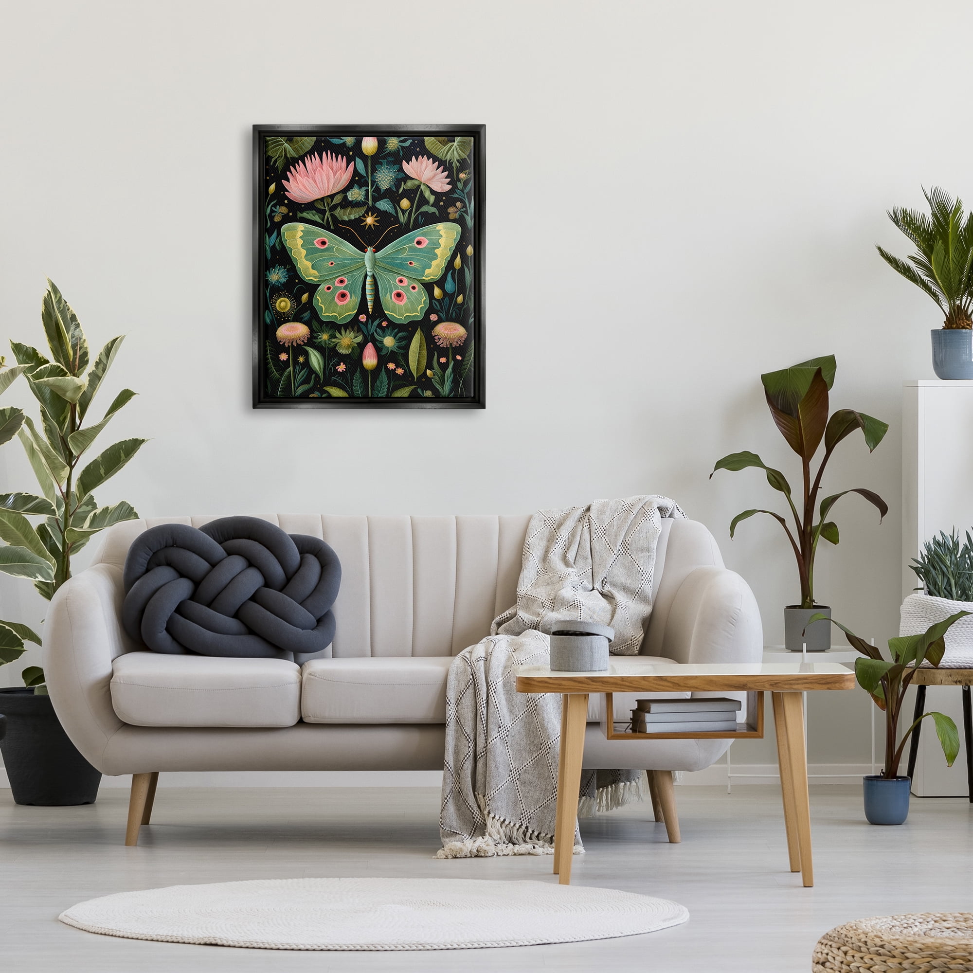 Stupell Industries Moth with Nature Botanicals Animals & Insects Painting Black Floater Framed Canvas Art Print Wall Art, 25 x 31
